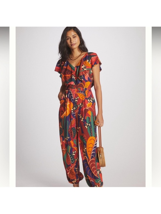 FARM Rio Pants - FARM Rio for Anthropologie abstract ruffled jumpsuit size XS colorful